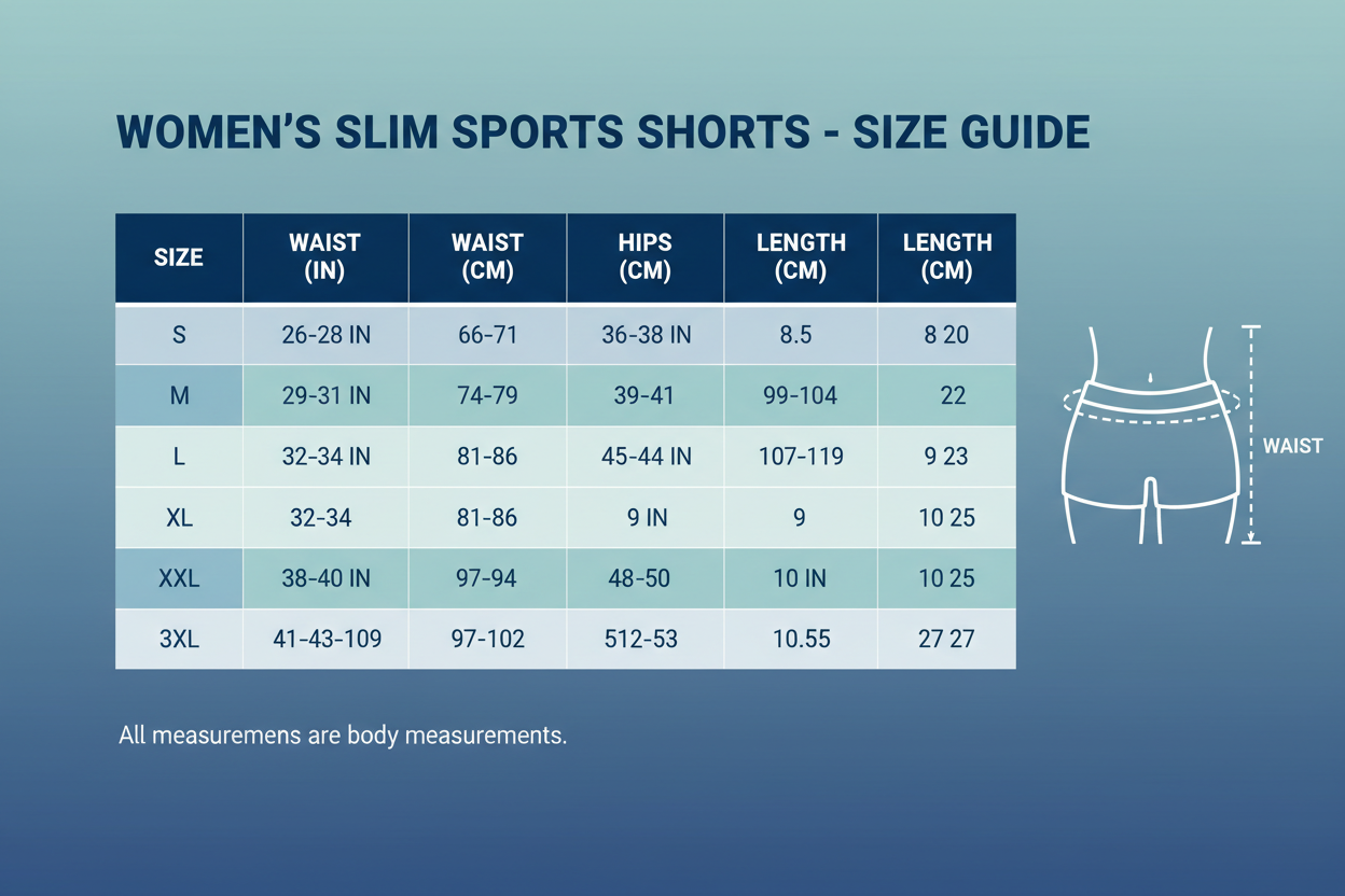  slim Sports Shorts for Women size chart s-3xl