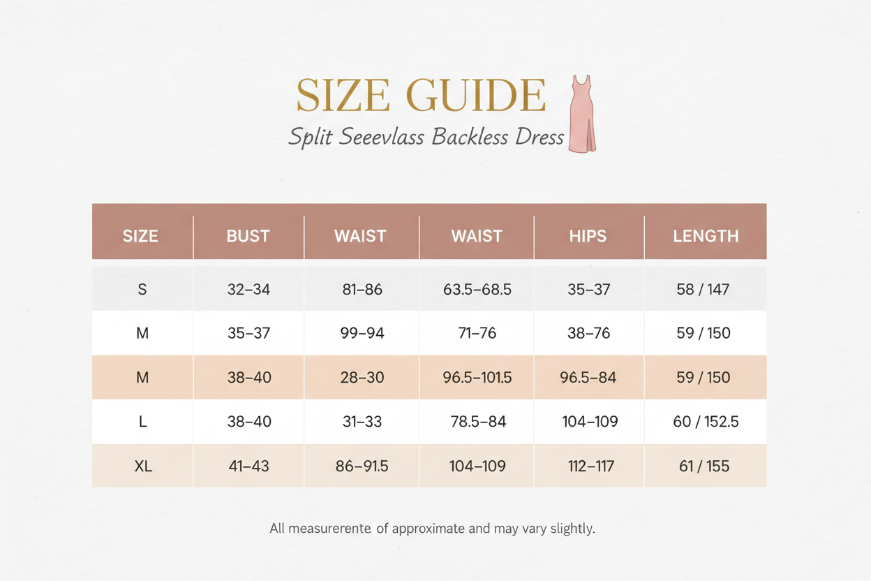 Split Sleeveless Backless dress Size Chart S- XL