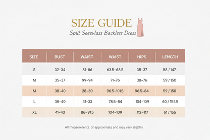 Split Sleeveless Backless dress Size Chart S- XL