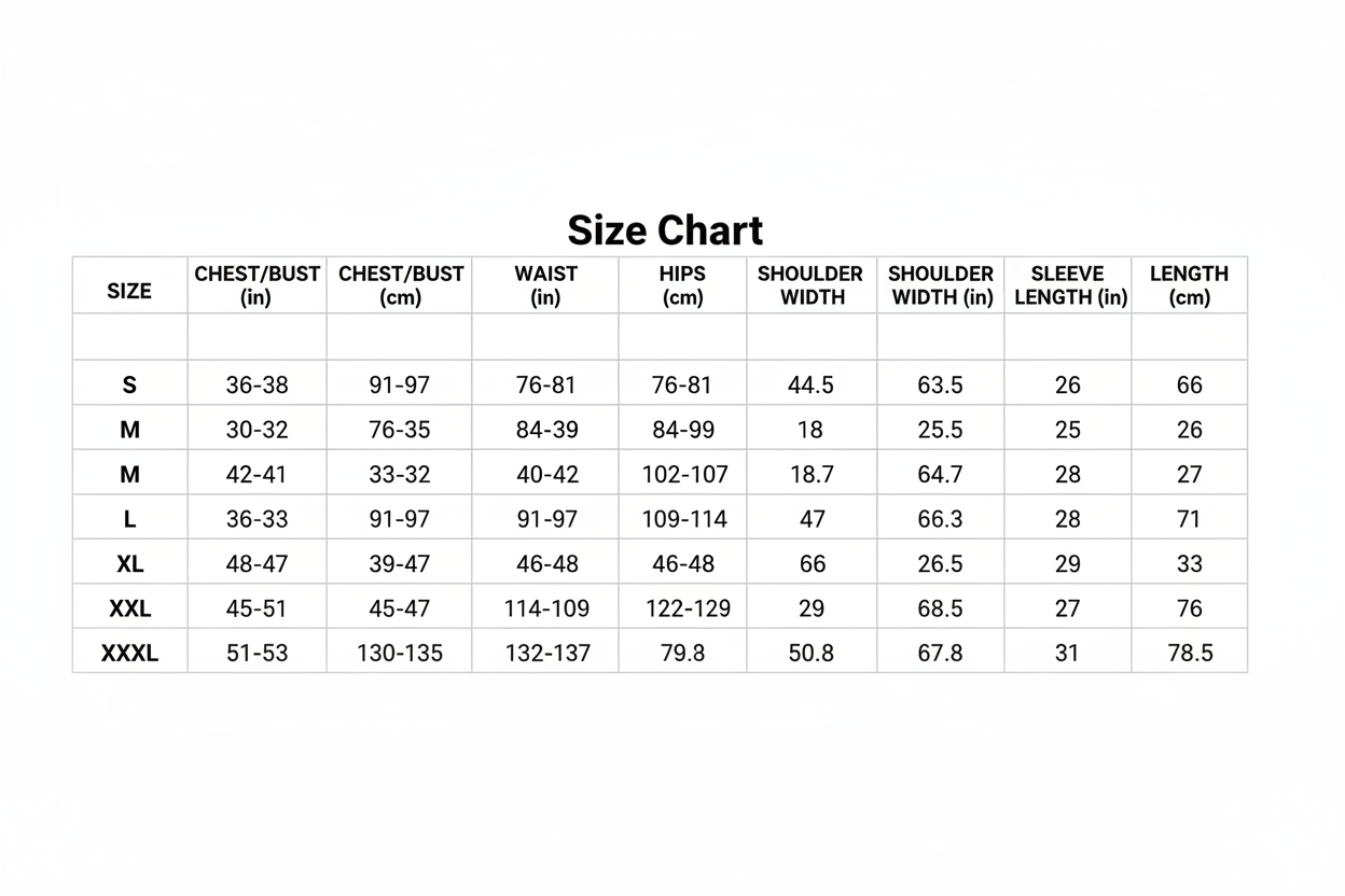  Sports Suit Sweatshirt Set Size Chart S-XXXL