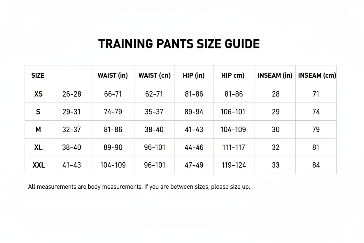  training pants chart size