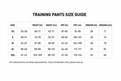  training pants chart size