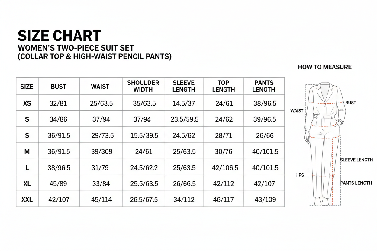  two-piece suit set collar top and high-waist pencil pants jacket Size Chart