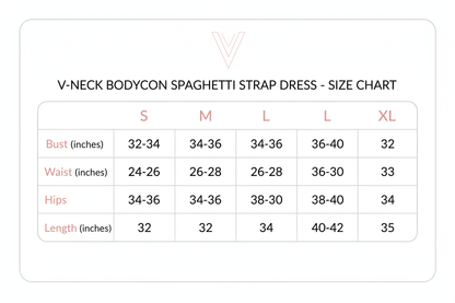 V-Neck Bodycon Spaghetti Strap Dress Size chart  S- XL