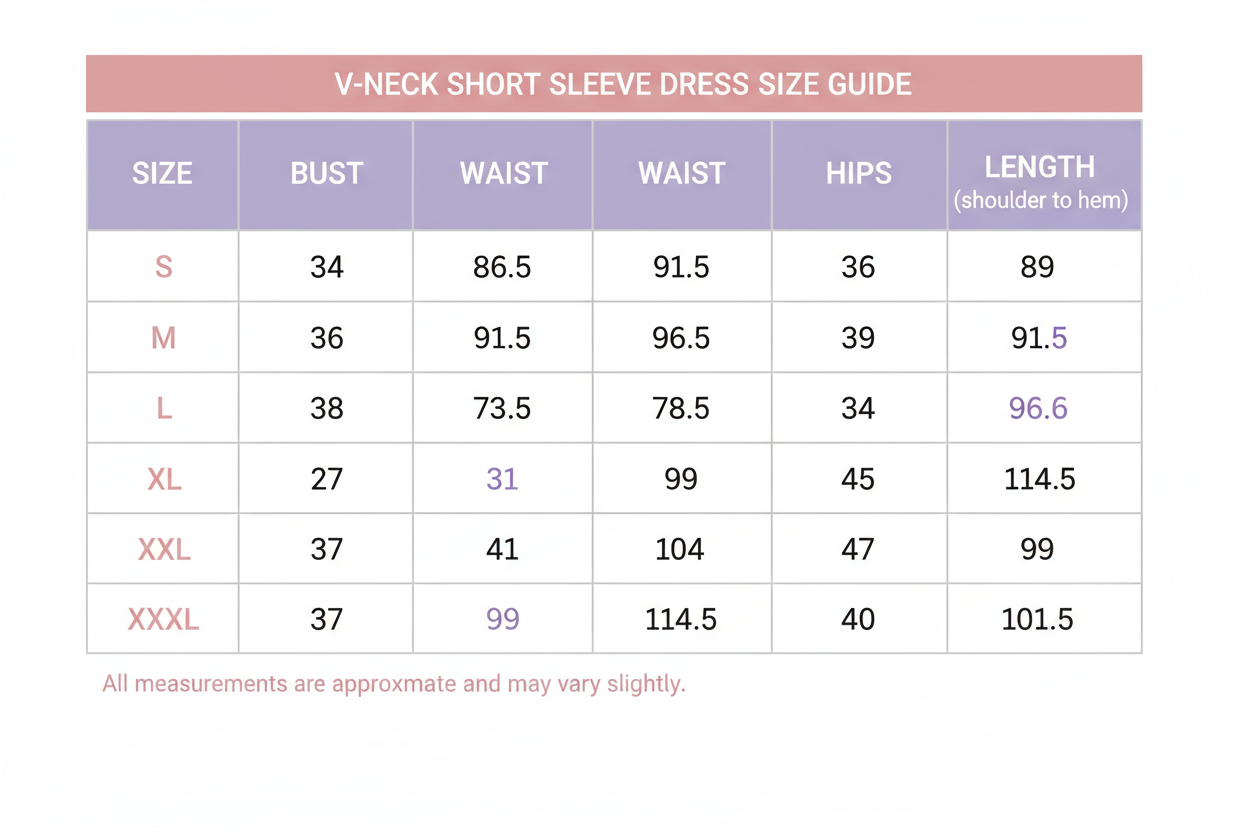 V-neck Short Sleeve Dress Size Chart S-XXXL