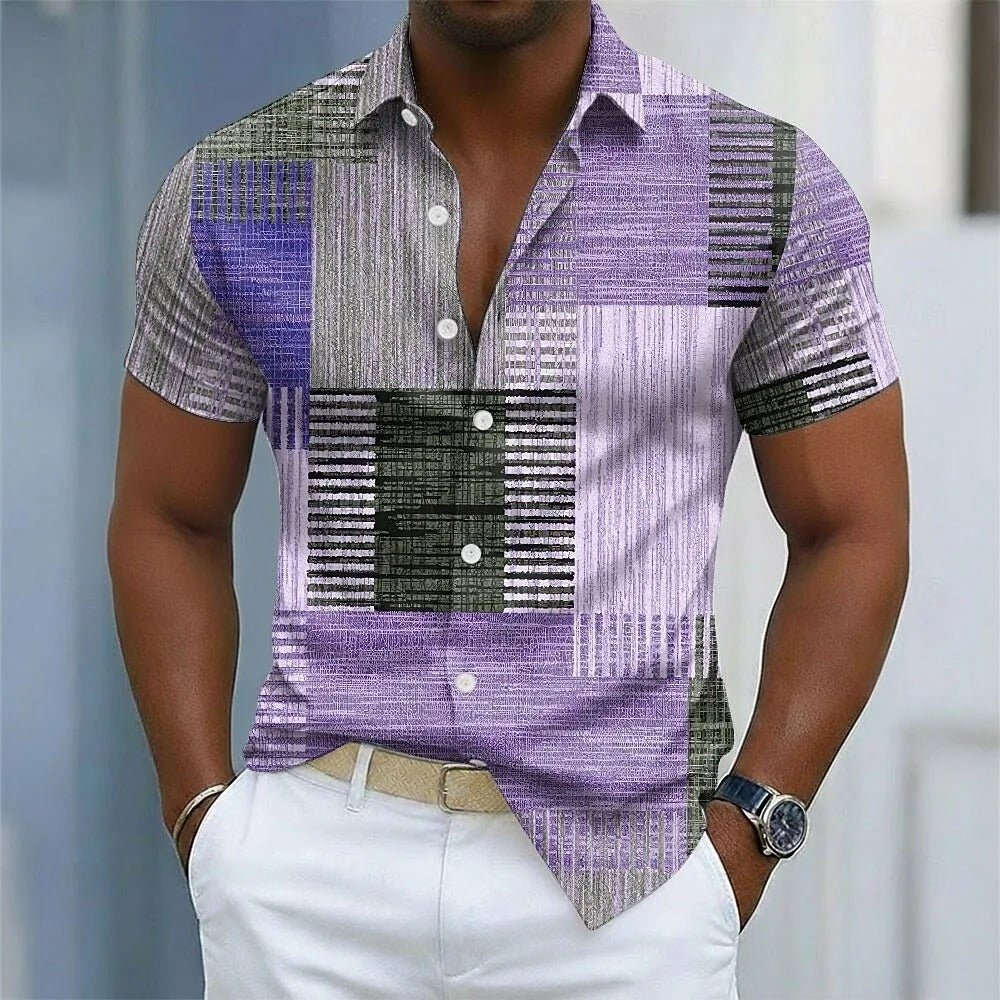 Men's geometric color linen shirt