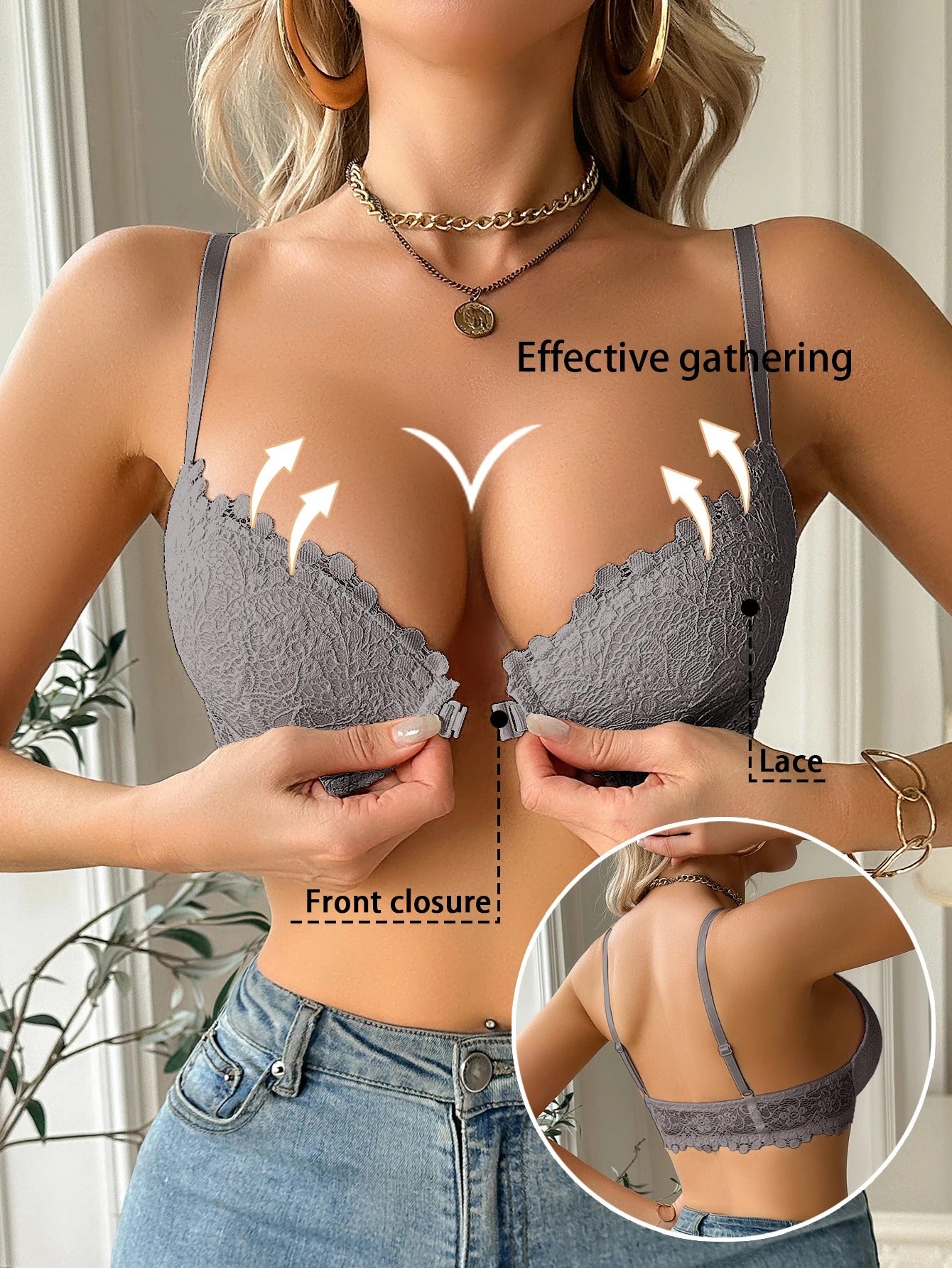 Lace Bra, Front-Clasp Push-Up Non-Padded