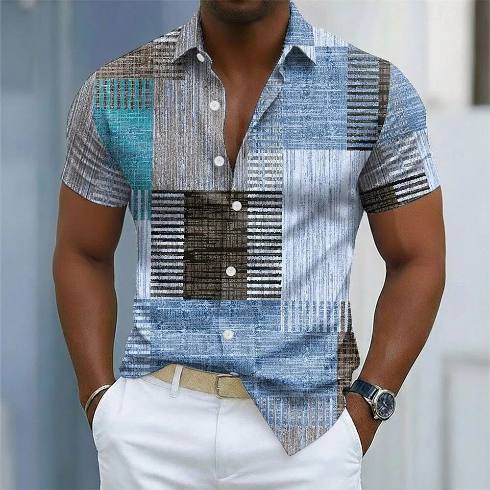 Men's geometric color linen shirt