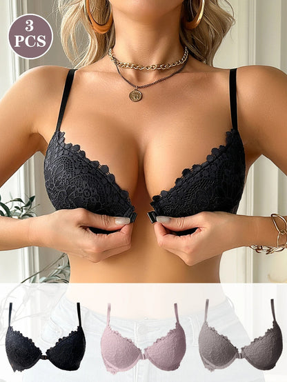 Lace Bra, Front-Clasp Push-Up Non-Padded