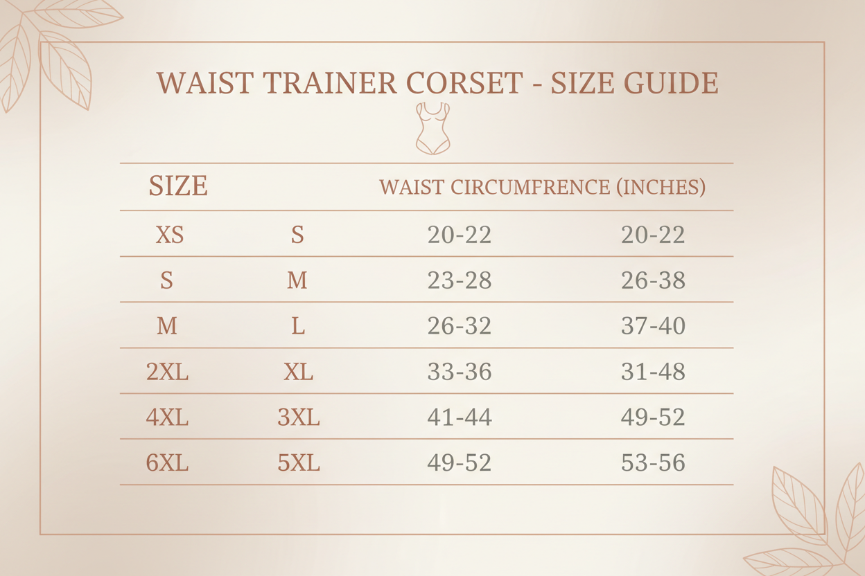 Waist Trainer Corset Size chart XS-6XL