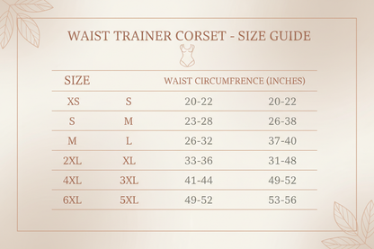 Waist Trainer Corset Size chart XS-6XL