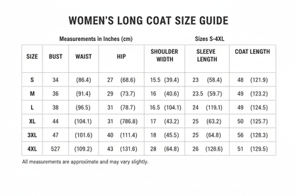 women long coat Size Chart S-4XL