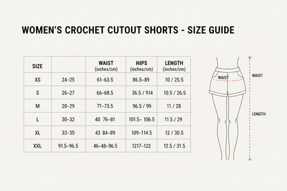 Women's crochet cutout short Size chart