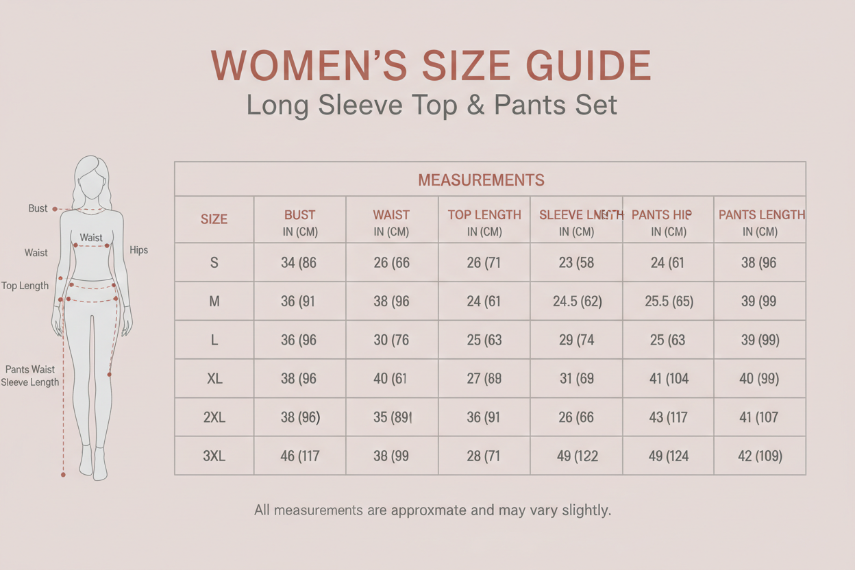 Women's Long Sleeve Top and Pants Set S -3XL Size chart