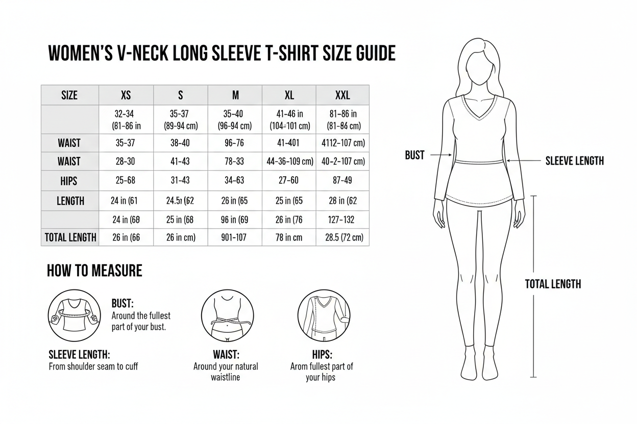 women's V-neck t-shirt with long sleeves SIZE CHART