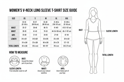 women's V-neck t-shirt with long sleeves SIZE CHART