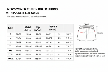Woven Cotton with Pockets Boxer short Size Chart S-XXXXL