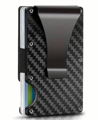 Compact black carbon fiber slim wallet with metal money clip and card slots