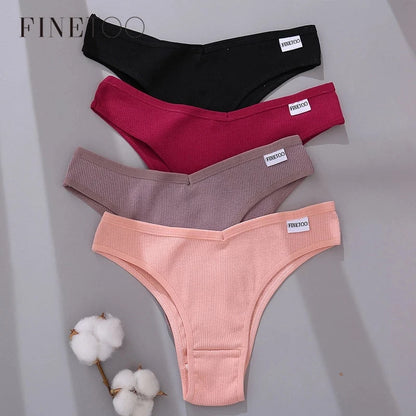 Set of four ribbed cotton thong panties in black, red, gray, and pink with Finetoo labels