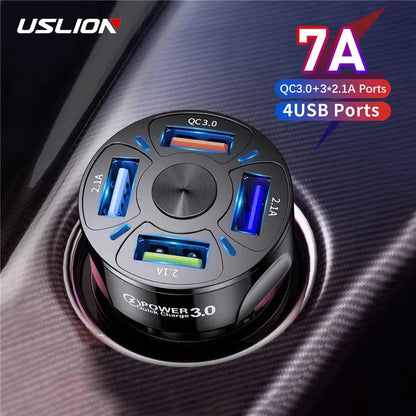 USLION 7A car charger with 4 USB ports including QC3.0 and 2.1A charging, installed in car socket
