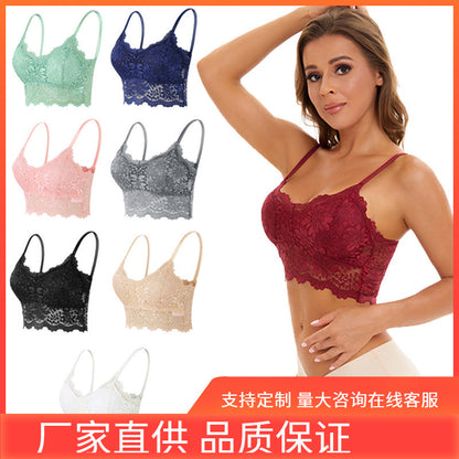 Woman modeling burgundy lace bralette with thin straps and floral pattern, plus seven other lace bralettes in various colors